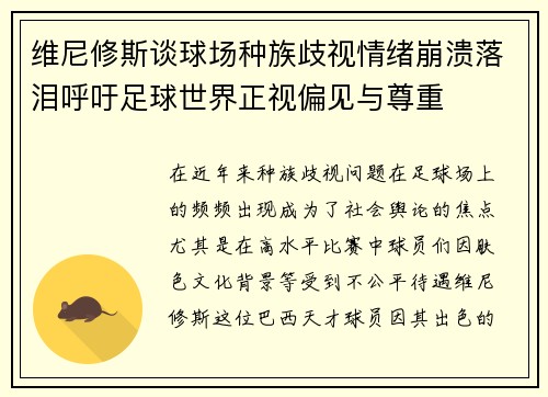 维尼修斯谈球场种族歧视情绪崩溃落泪呼吁足球世界正视偏见与尊重