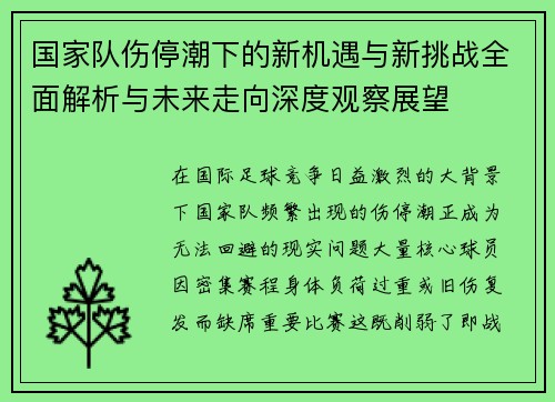 国家队伤停潮下的新机遇与新挑战全面解析与未来走向深度观察展望